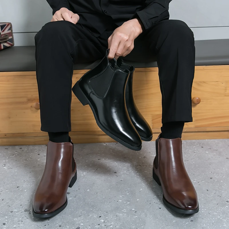 内增高时尚潮流切尔西靴秋冬季高帮休闲皮鞋正装套脚英伦尖头短靴