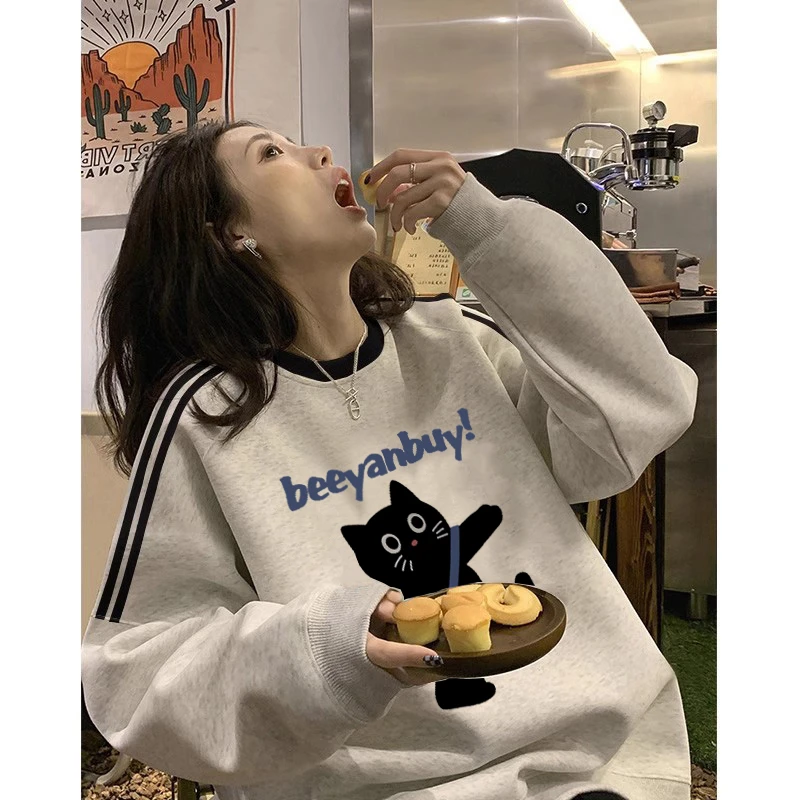 白灰色oversize三条杠拼接卫衣女春秋爆款宽松大码慵懒风美式上衣