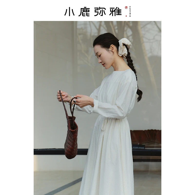 小鹿弥雅春日氛围长裙~《不染》一字领收腰系带连衣长裙春夏