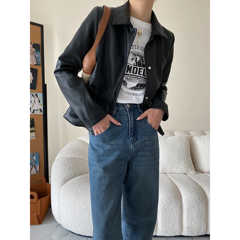 蛋白Pu皮中古经典小翻领皮衣女款外套小个子短款上衣时尚休闲百搭