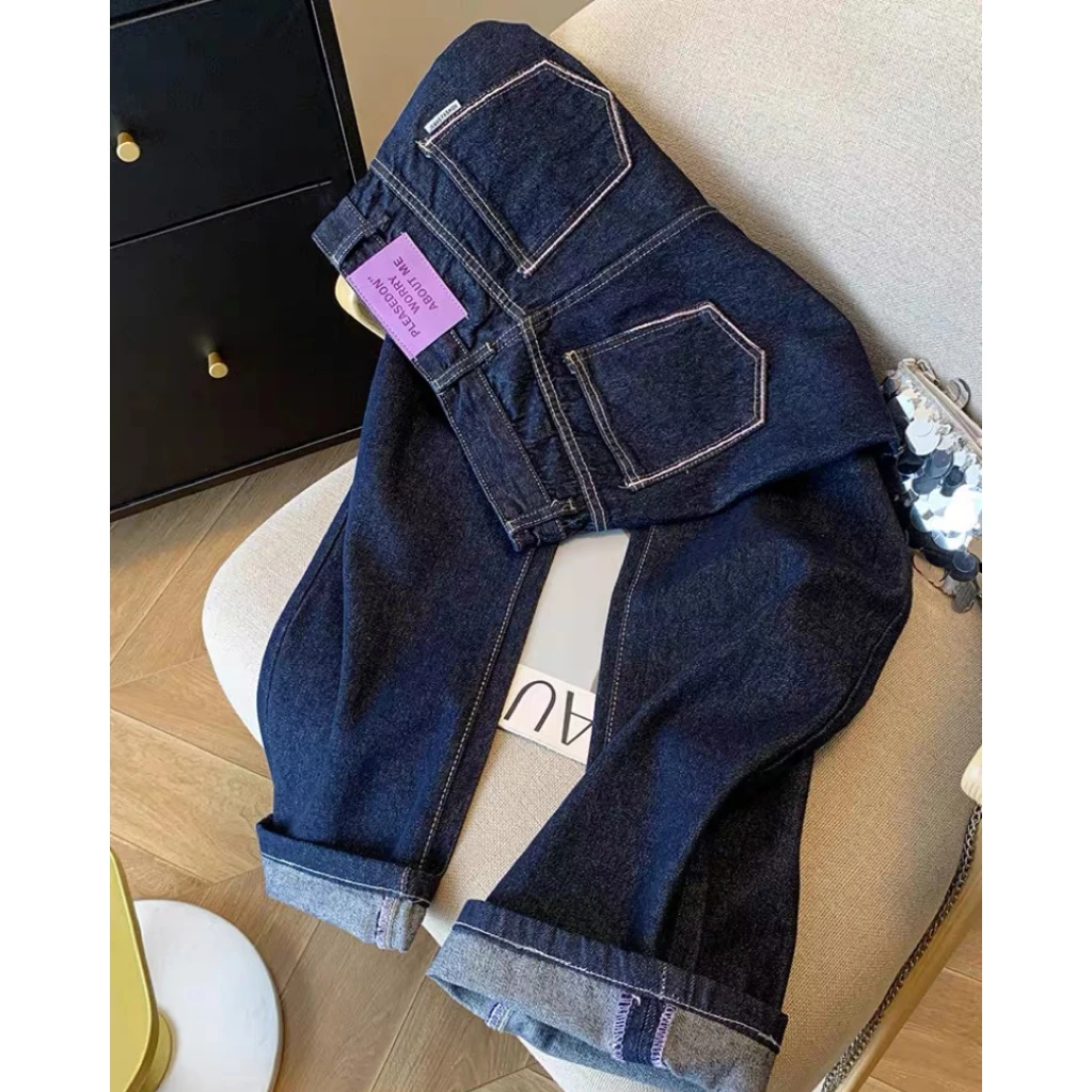 早春新款高腰时尚明线深蓝色牛仔裤女2025直筒显瘦休闲裤子百搭