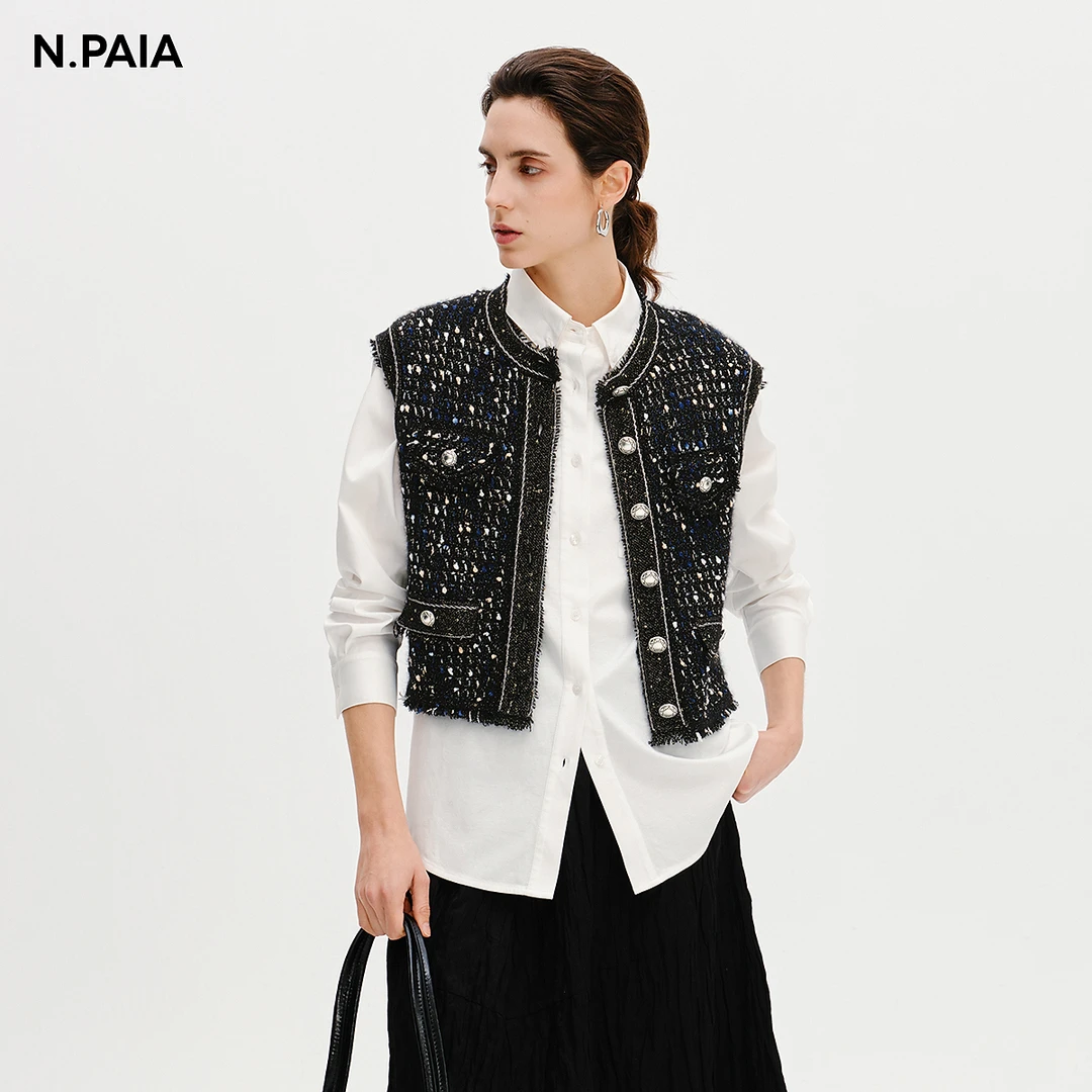 恩派雅2025新款山羊绒小香风花呢圆领无袖短外套女XNKPG9002A