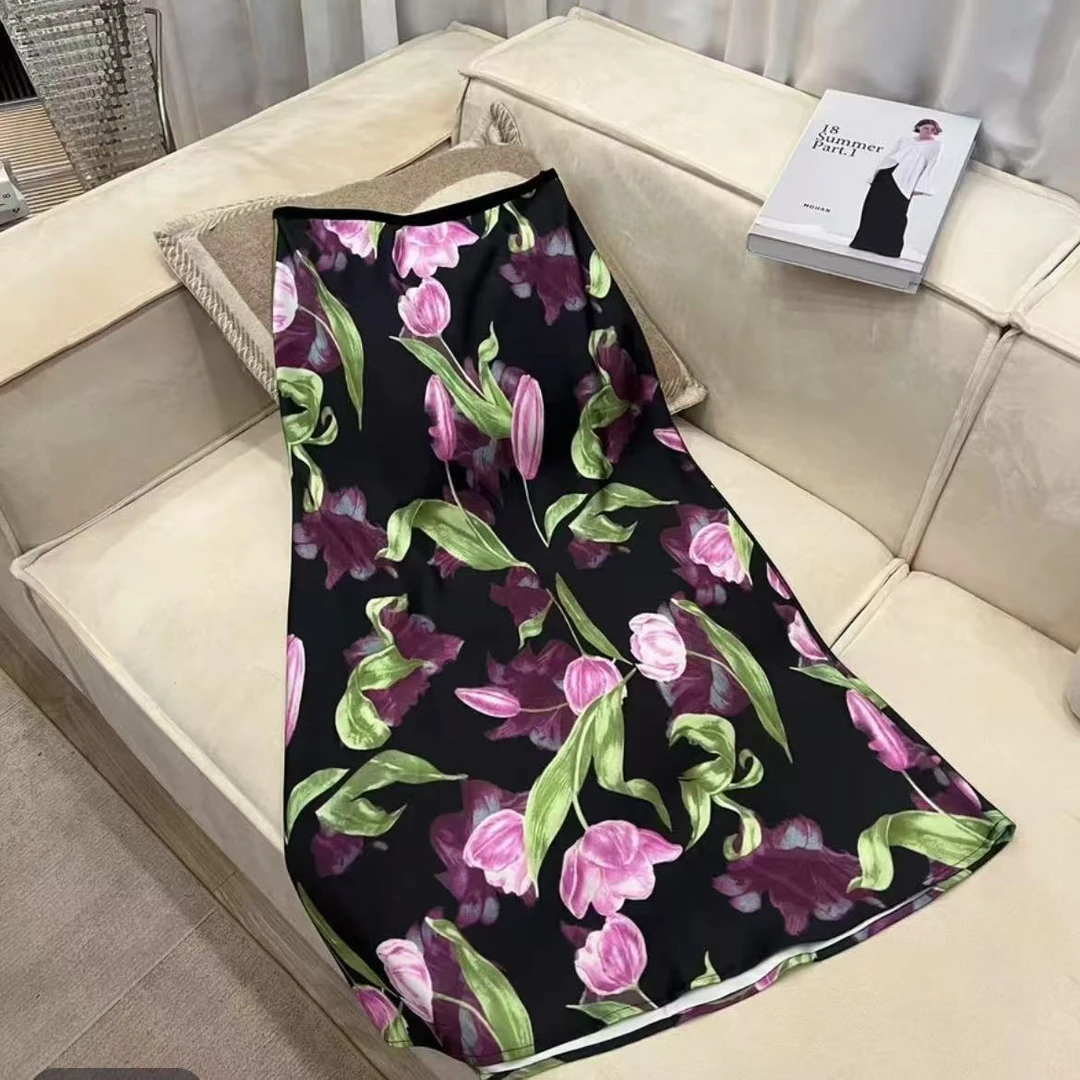 含香服饰 黑色郁金香半身裙显瘦鱼尾版印染工艺百搭气质款