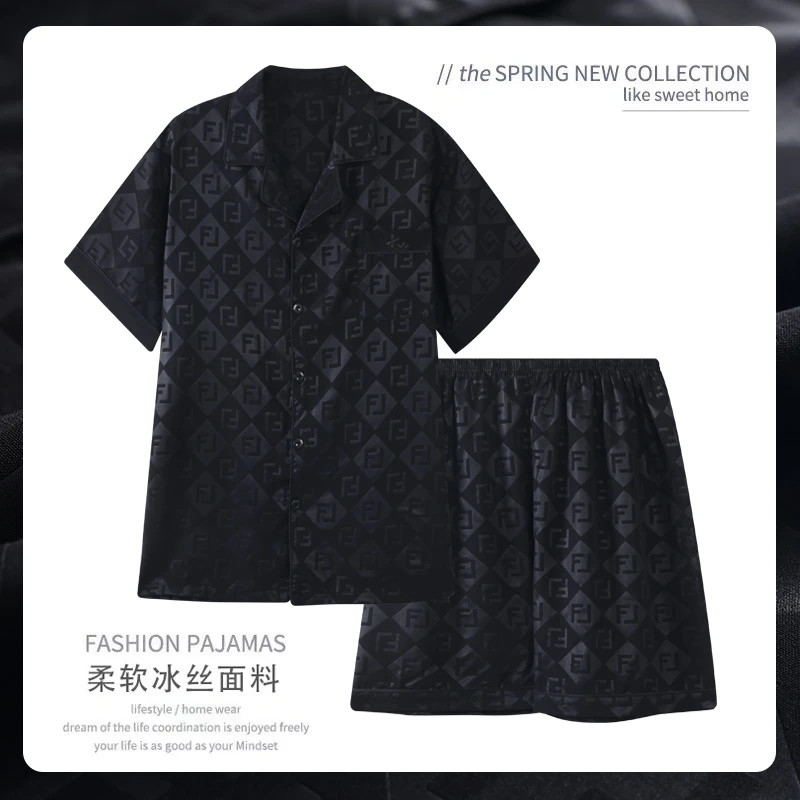 2025年新款男士睡衣冰丝透气短袖夏季青年简约开衫宽松家居服套装