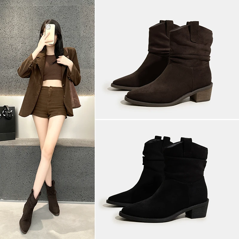 时尚高跟瘦瘦靴女尖头粗跟2025新款秋冬加绒保暖堆堆靴厚底短靴子