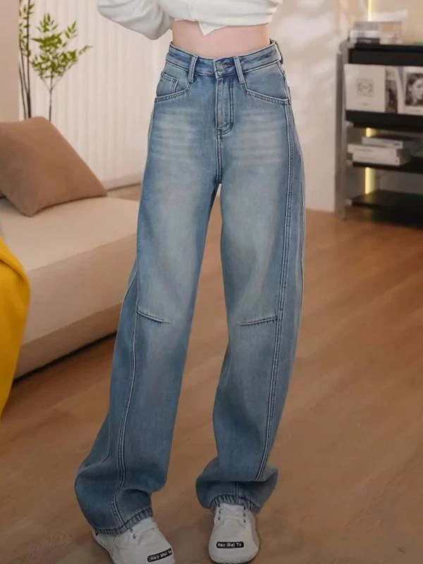 港风弯刀裤牛仔裤女显瘦高腰大码小个子2025爆款秋季新款阔腿裤子