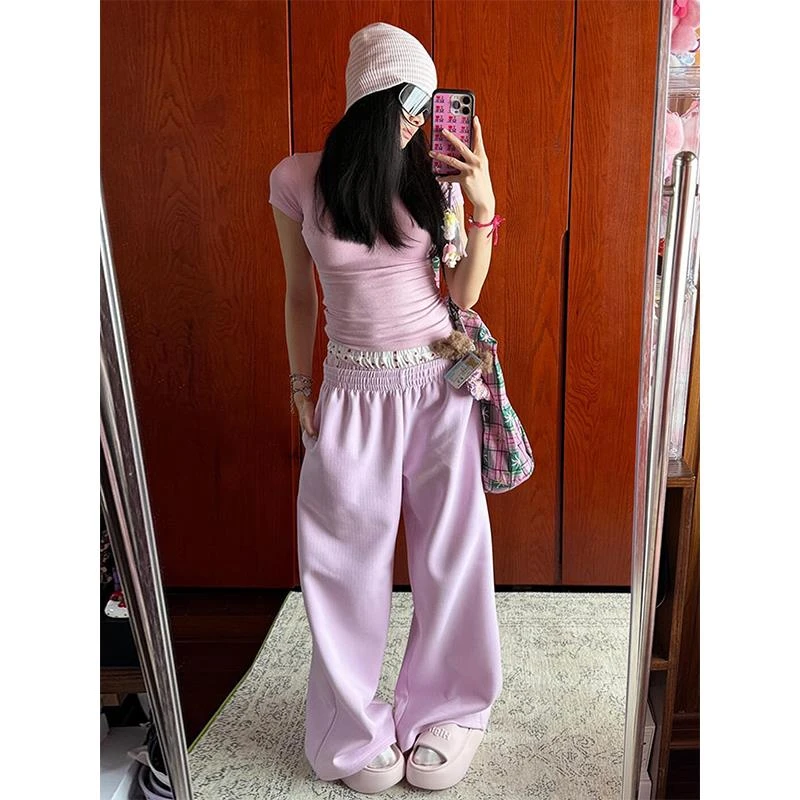 直筒垂感美式卫裤女夏季新款高腰宽松阔腿裤休闲拖地裤紫色长裤子
