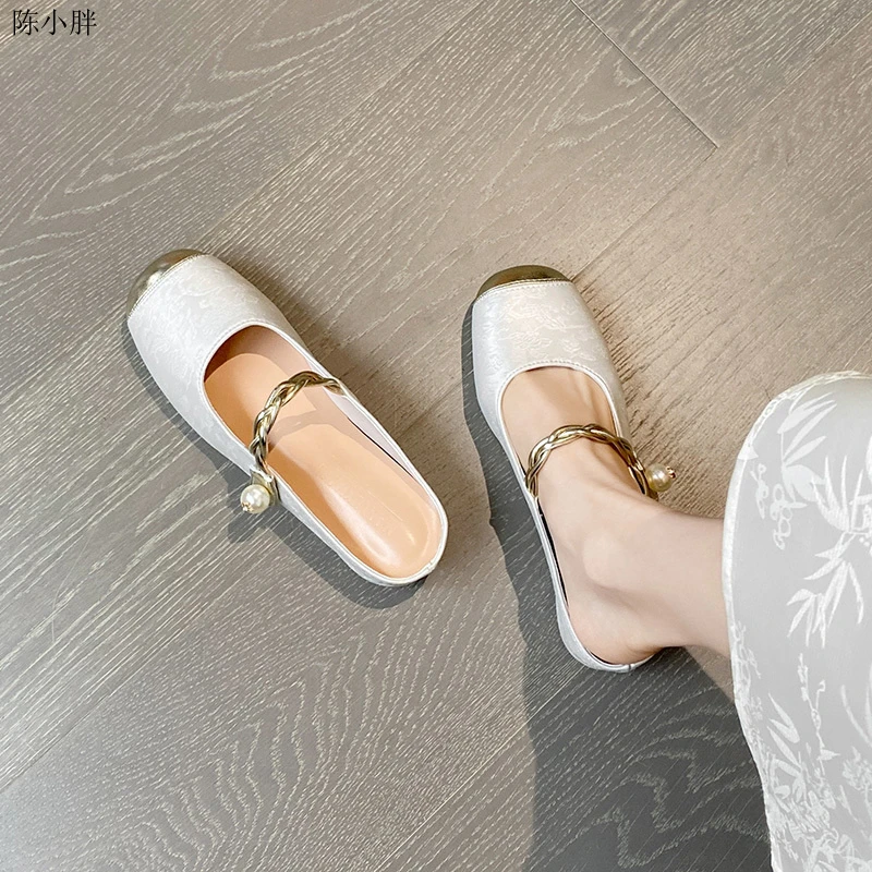 【店铺热销】新中式国风内增高真皮包头半拖鞋女2025夏季新款一脚蹬