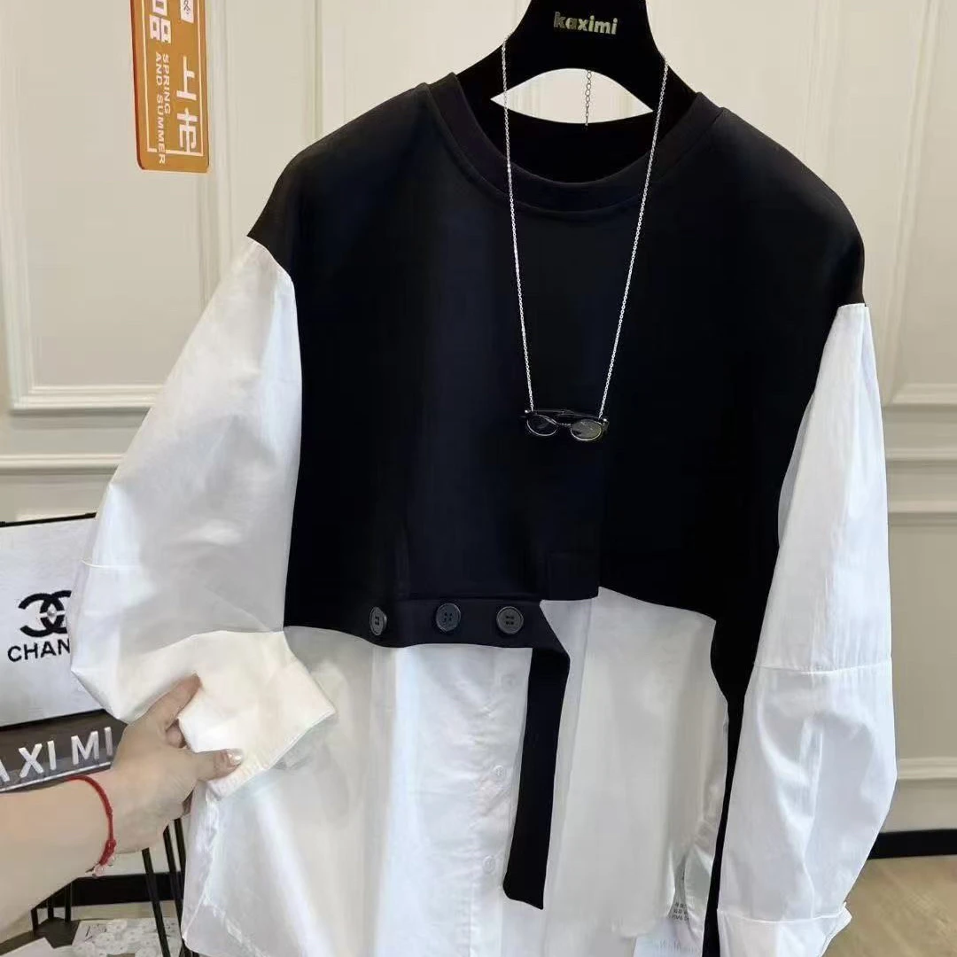 设计感宽松6208凤枝大码女装秋款假两件上衣