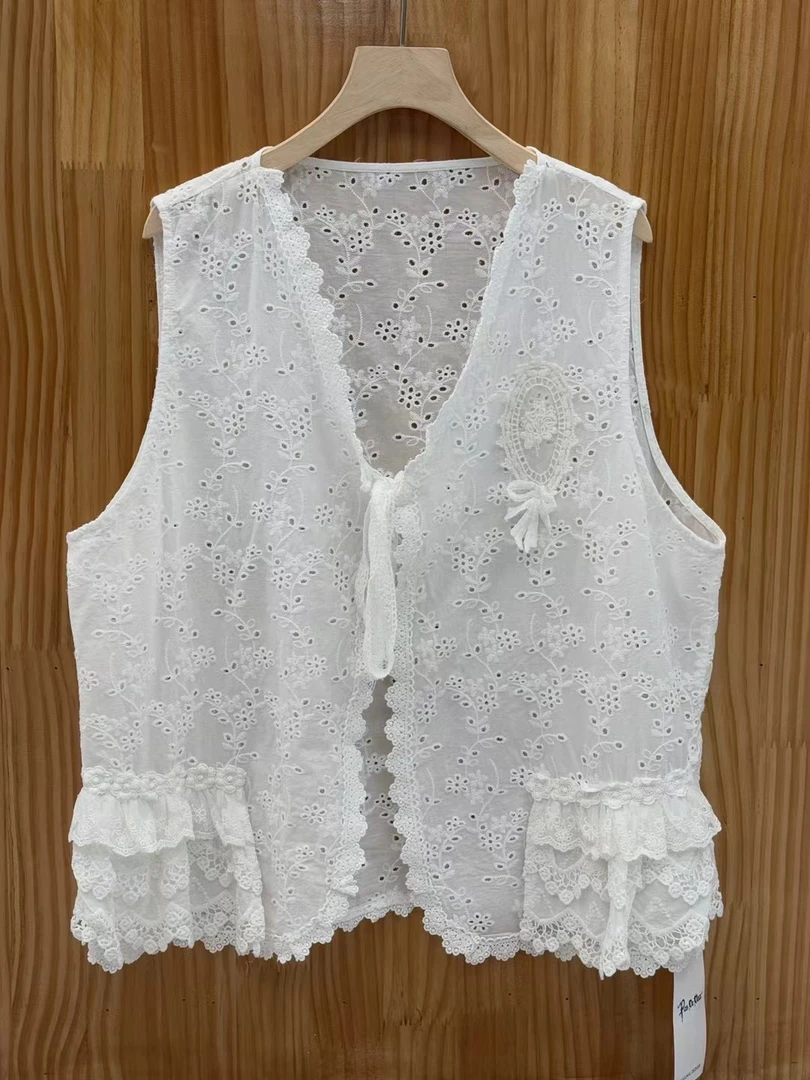 日系森系镂空刺绣系带棉马甲夏季新款宽松百搭减龄拼花边马夹坎肩