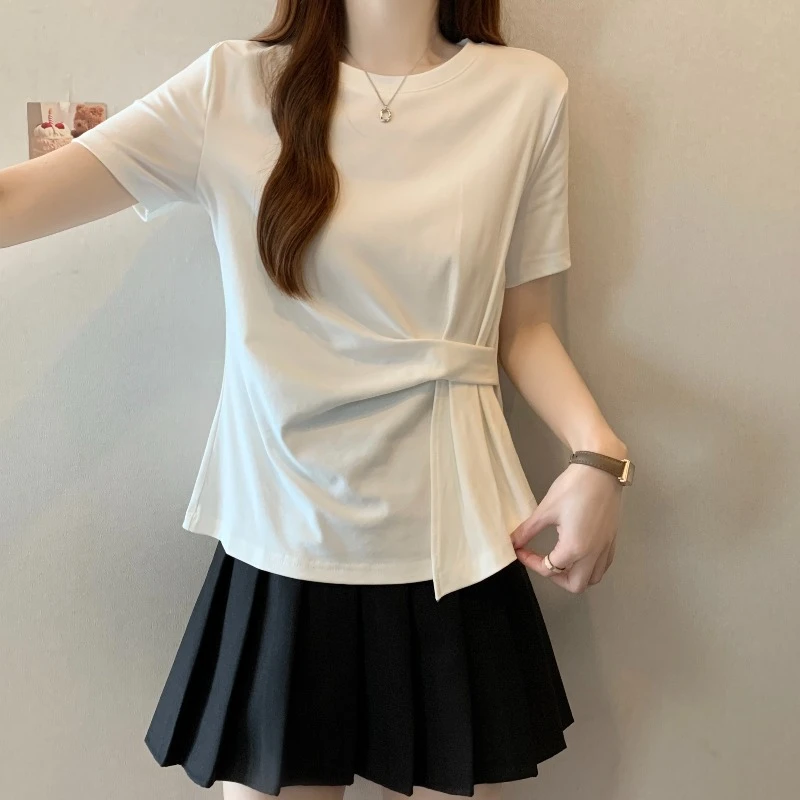 大码设计感正肩短袖T恤女夏季新款胖MM修身显瘦百搭洋气小众上衣