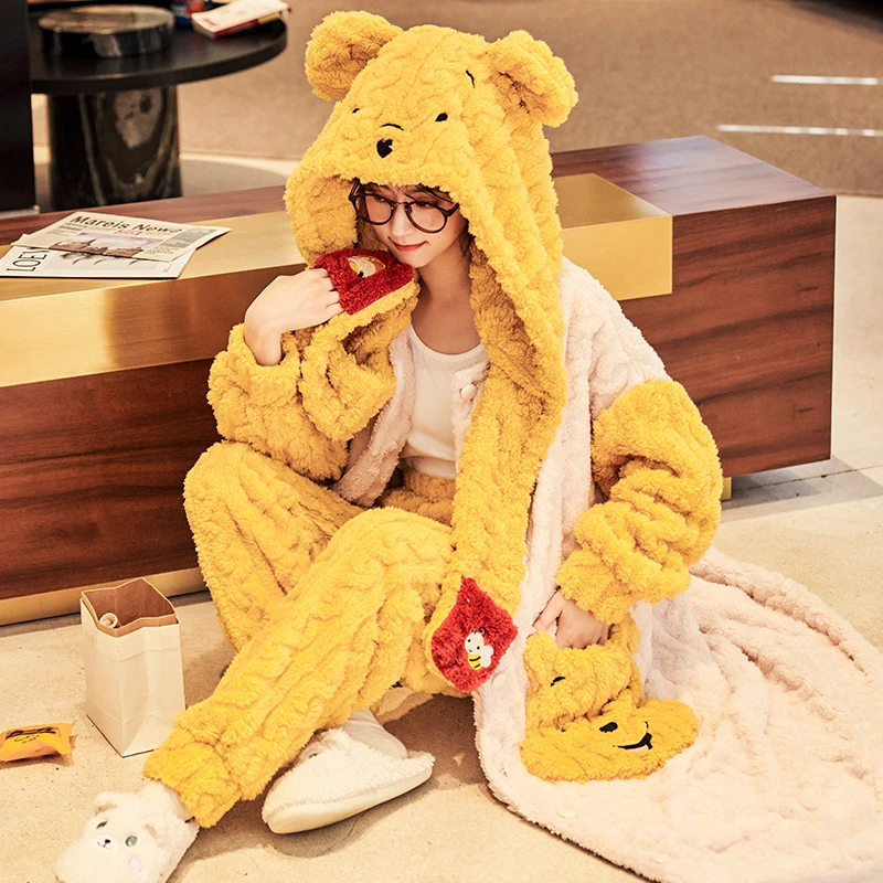 法兰绒睡袍女秋冬季睡衣连帽加厚保暖珊瑚绒卡通家居服套装 2209