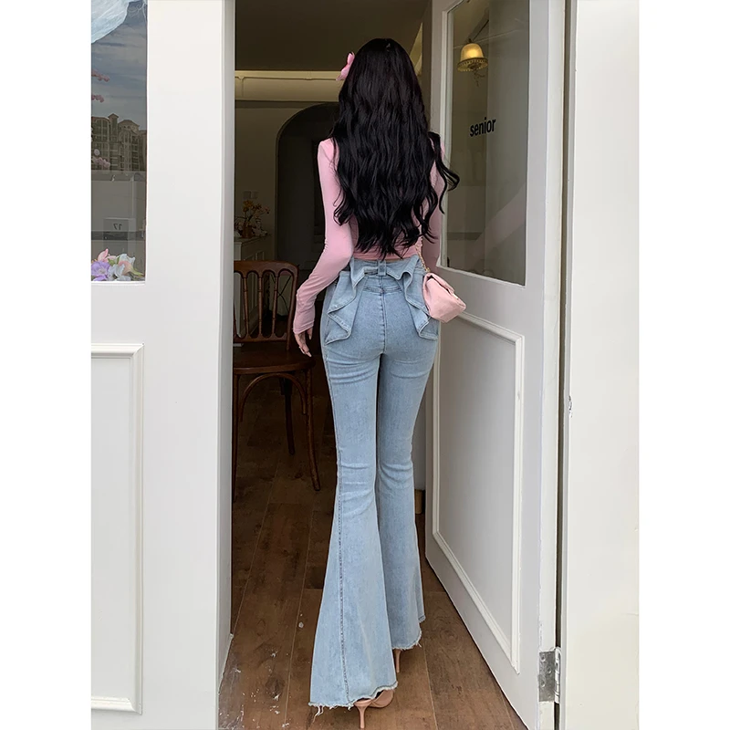 亦菲同款立体蝴蝶结牛仔裤女2025秋款欧若风高腰显瘦翘臀喇叭裤子