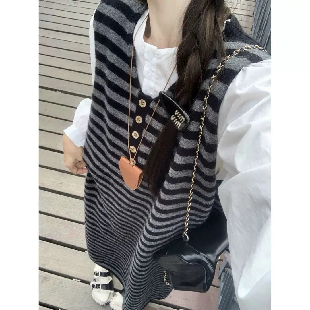 春秋新款套装韩版宽松显瘦百搭条纹针织连衣裙加衬衫两件套中长款