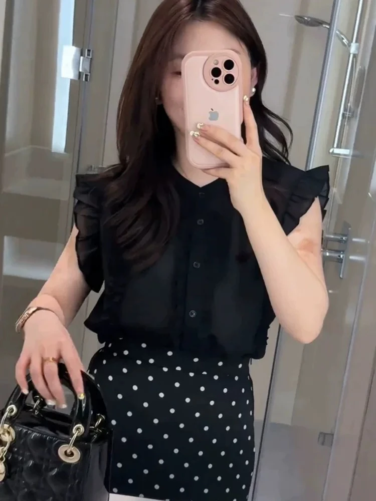木耳边单排扣减龄小飞袖上衣女夏季休闲百搭显瘦透气小衫