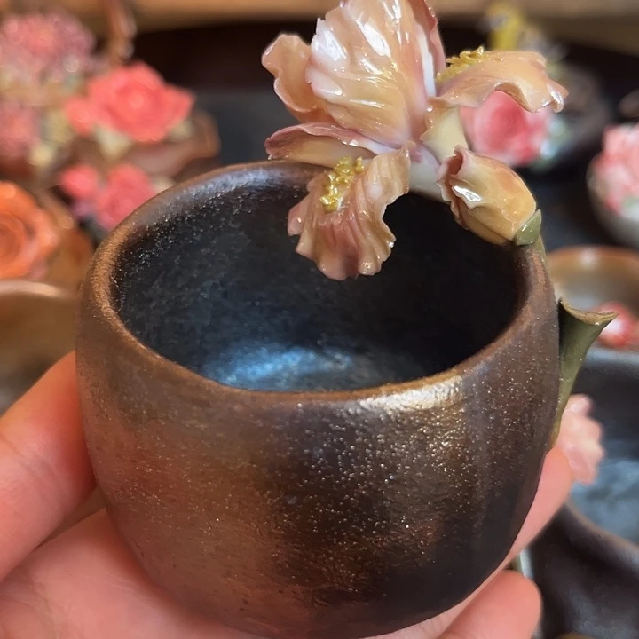 千玺造物柴烧花卉茶杯