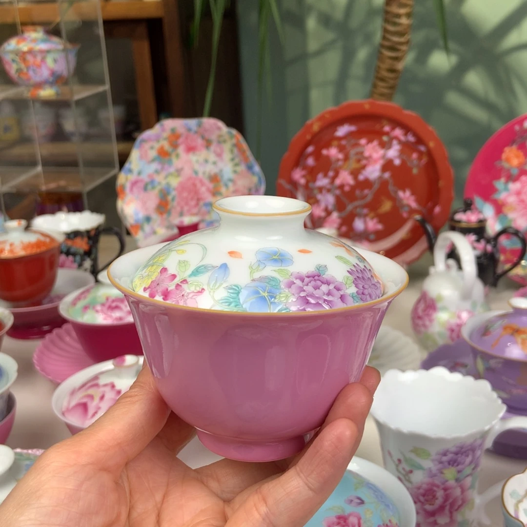 陶景德镇万花盖碗手工手绘