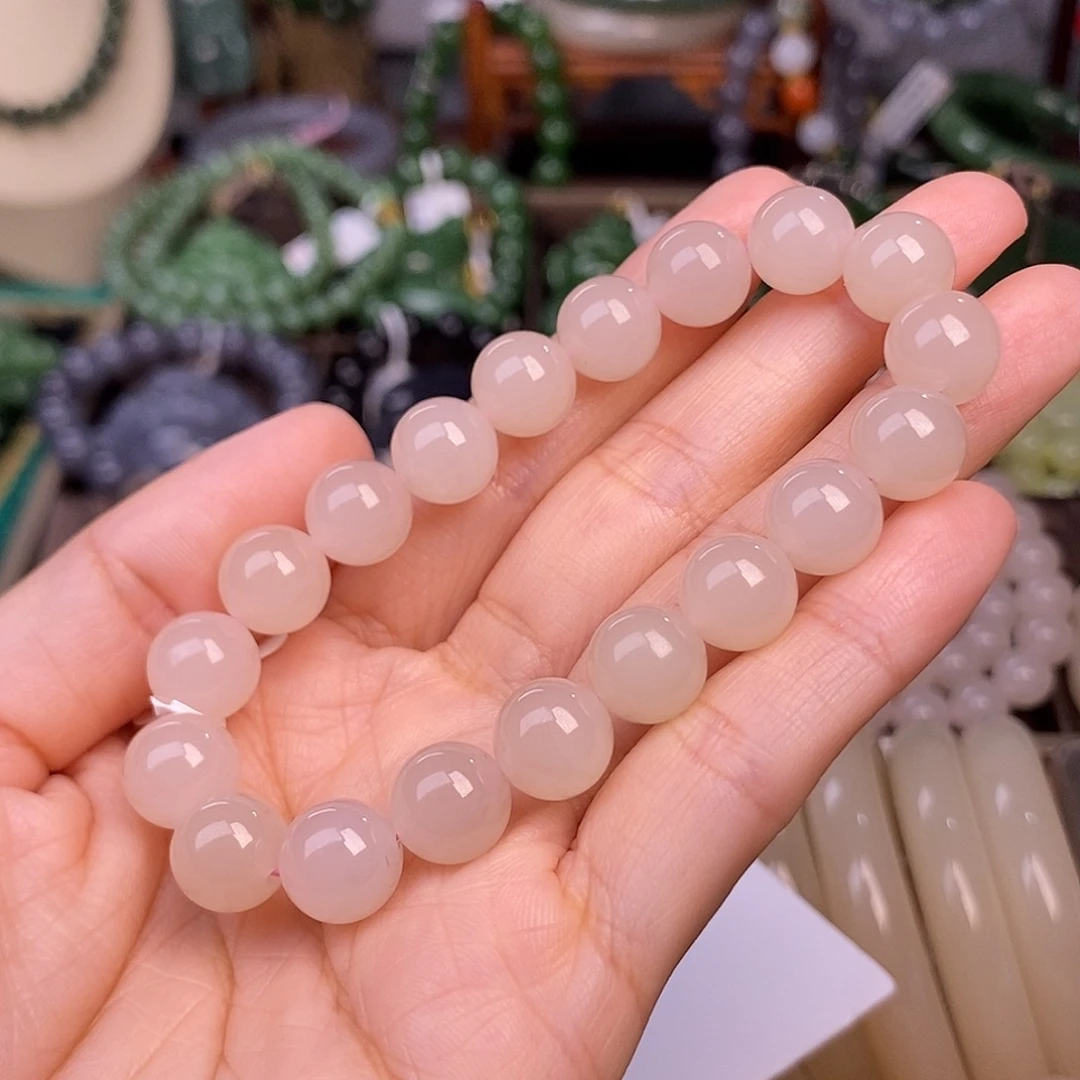 和田玉熟藕粉脂膏级浓色老料手链约10MM未镶嵌