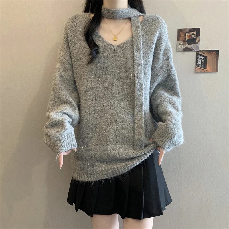 2025秋冬装高级感百搭亮片针织衫女大码显瘦遮肉V领慵懒毛衣上衣