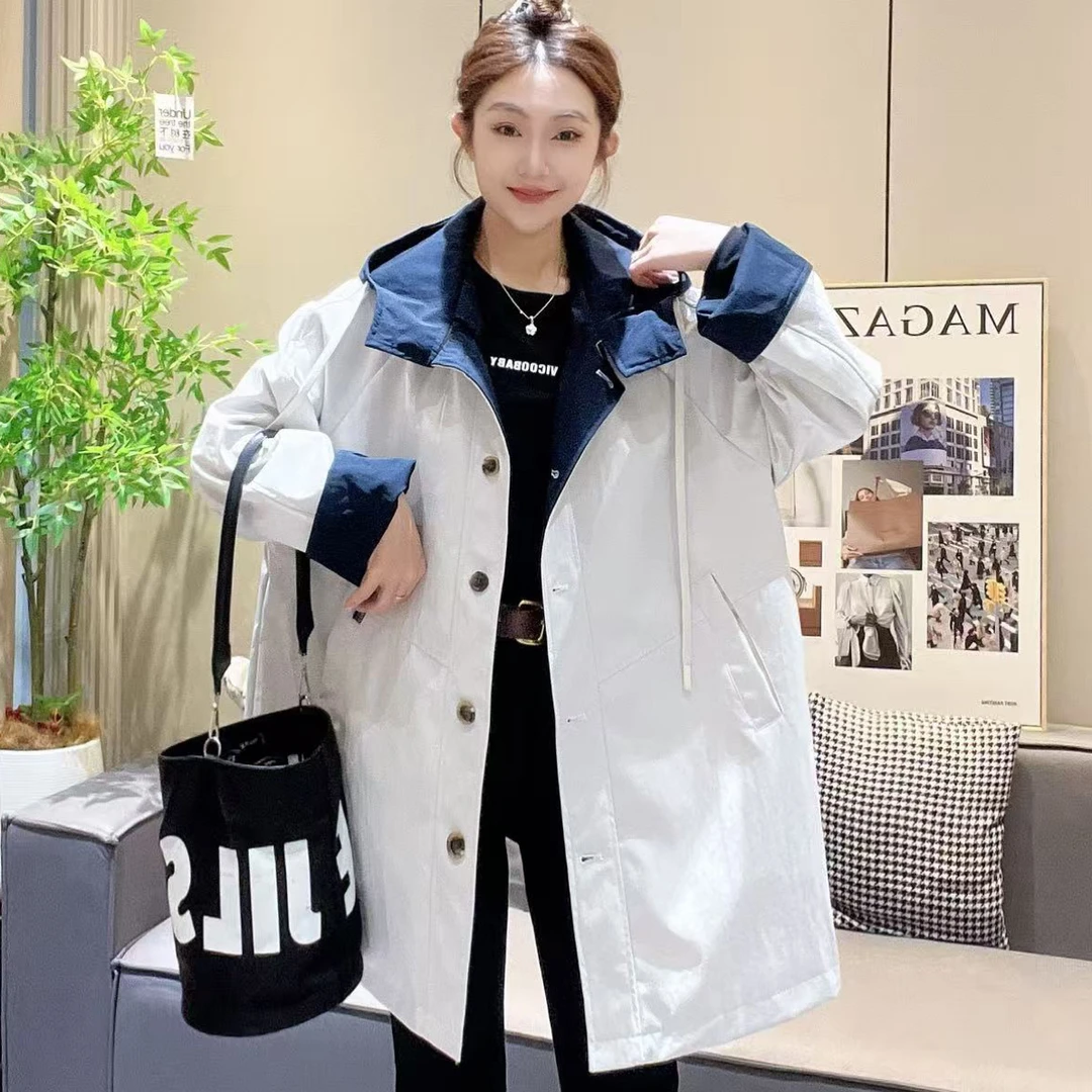 韩版撞色拼接连帽秋季宽松加肥中长款风衣外套女款高级感休闲2551