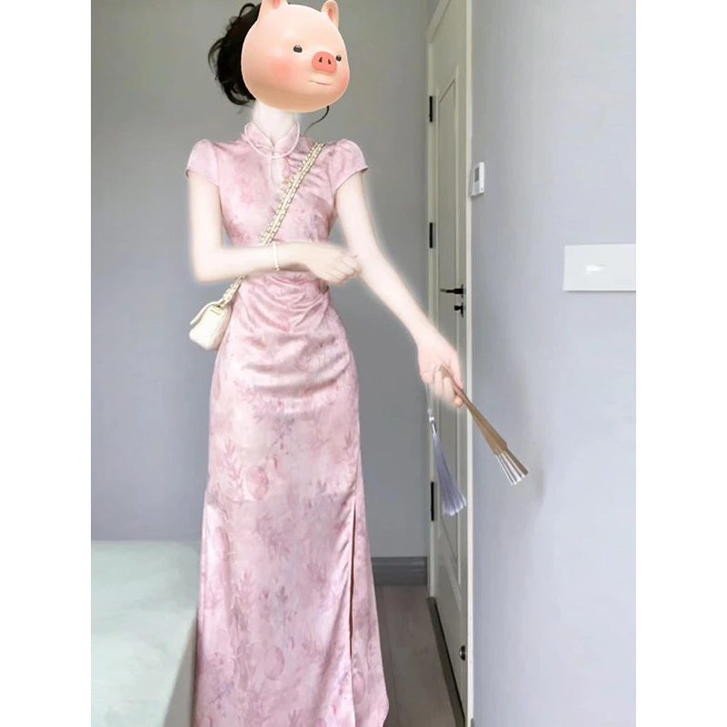 老钱风松弛感女装贵气K国风新中式粉色镂空碎花连衣裙超好看独特