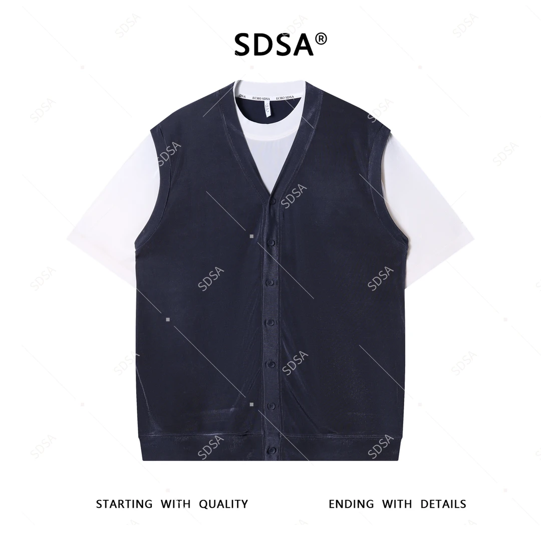 夏季高级感新款男士美式撞色纽扣圆领短袖T恤假两件百搭休闲上衣