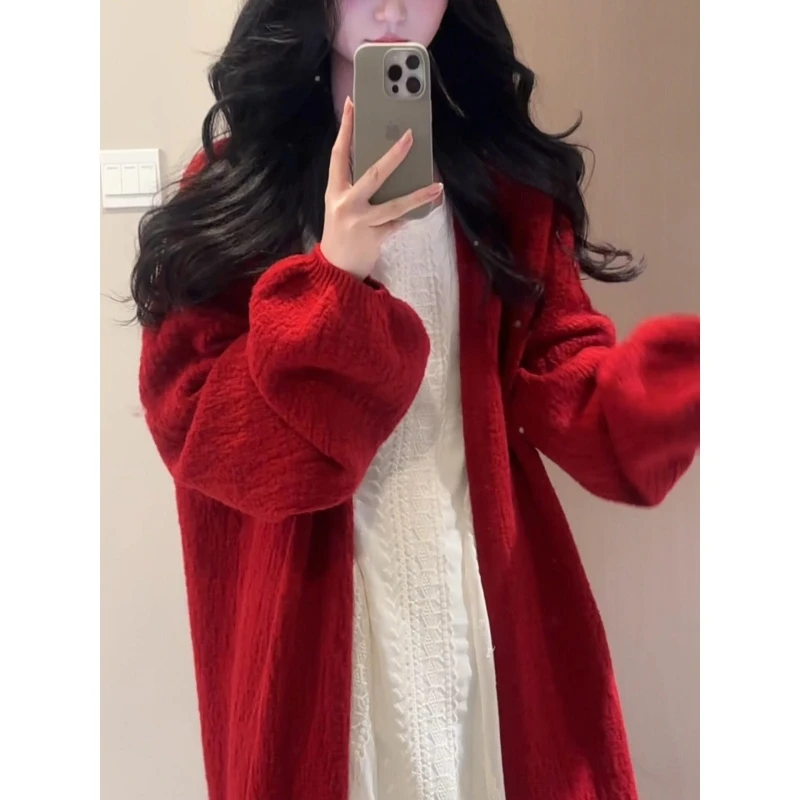 MARIE.COCO慵懒风红色泡泡袖中长款毛衣外套女秋冬新款气质连衣裙