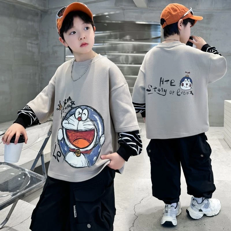 韩系时髦穿搭~男童秋季条纹拼接假两件卫衣卡通百搭上衣S10181