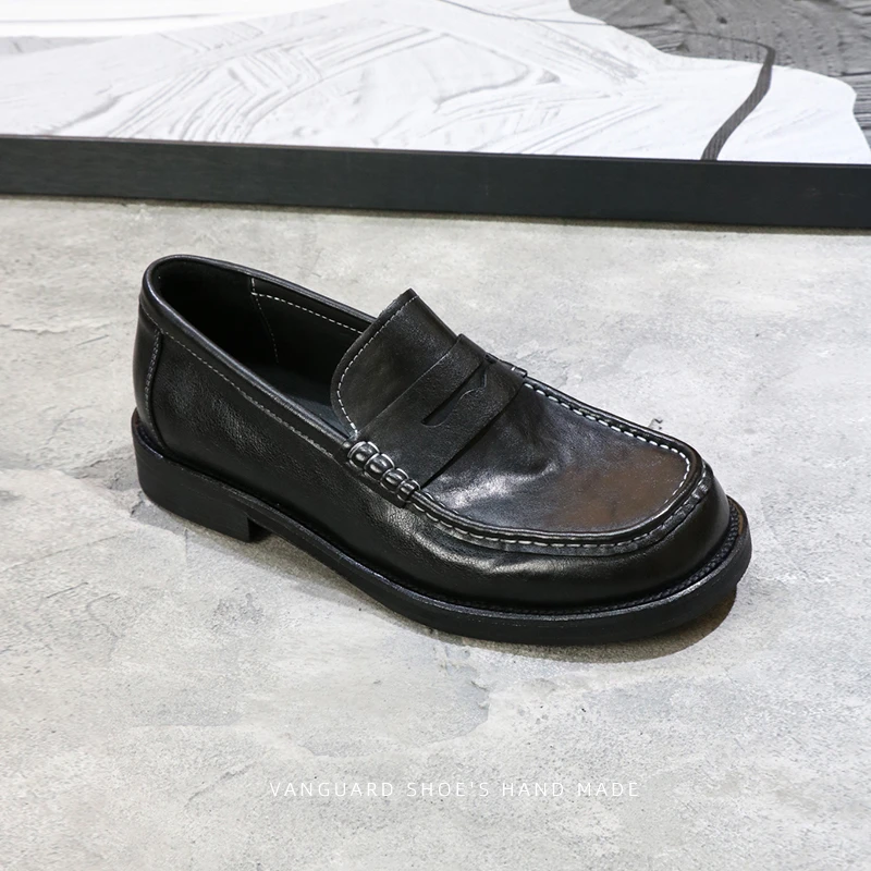 马皮宽版乐福鞋夏季透气复古水洗大头浅口一脚蹬男休闲皮鞋