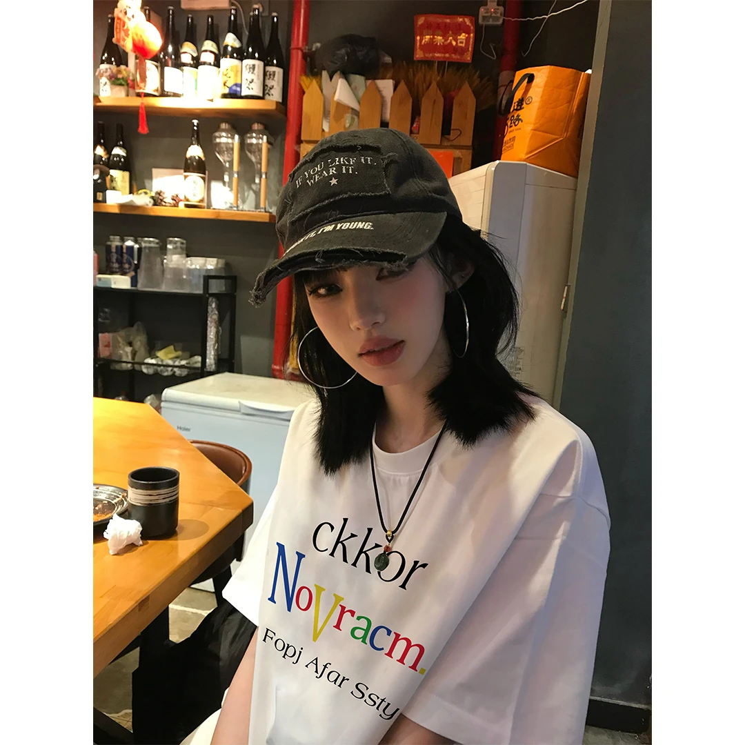 美式高街短袖t恤女夏季新款学院风国潮字母印花小众宽松上衣