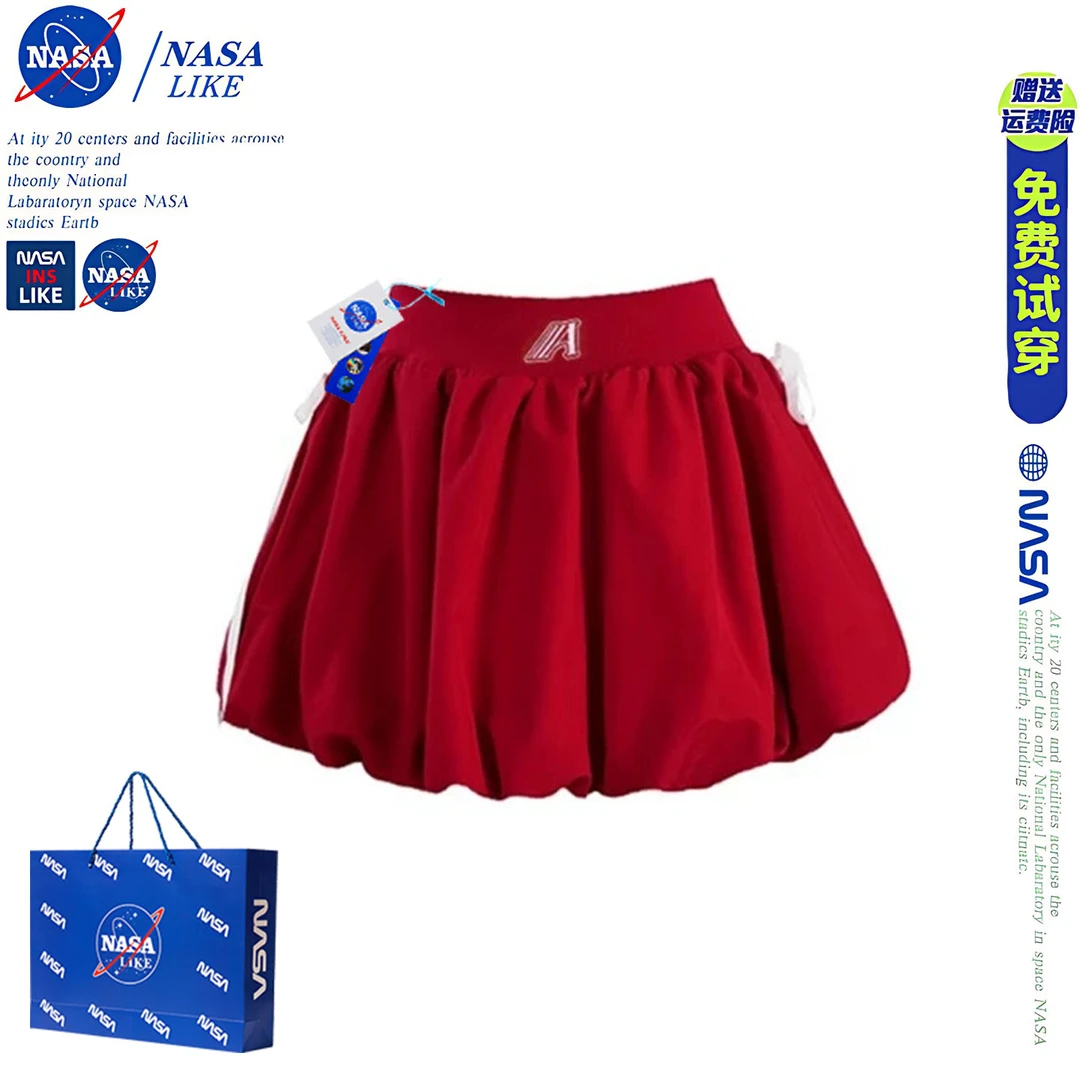 NASA韩系甜辣红色花苞半身裙女夏季设计感收腰显瘦百搭蓬蓬短裙子