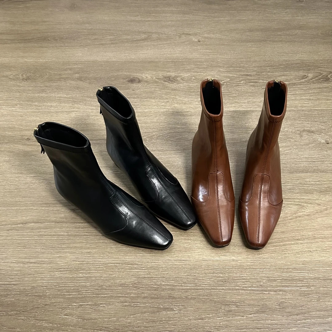 Dannyfrey法式内增高冬季短靴真皮女后拉链尖头百搭瘦瘦靴4.5CM