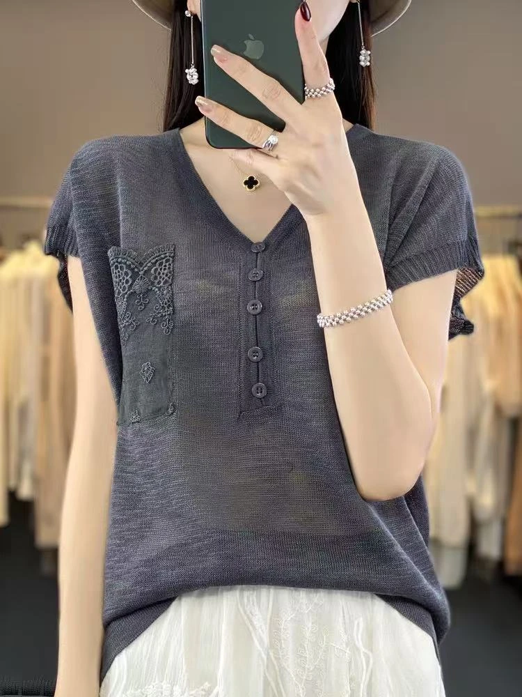 季末清仓 竹节麻V领口袋飞袖款