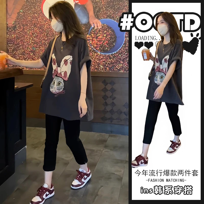 韩剧两件套装女时尚宽松卡通印花短袖T恤显瘦开叉弹力七分休闲裤