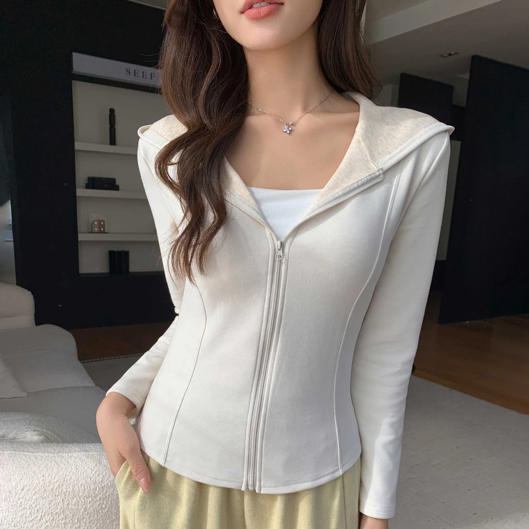 H120严选秋冬季羊毛蚕丝开衫连帽卫衣加厚外套女修身运动长袖上衣