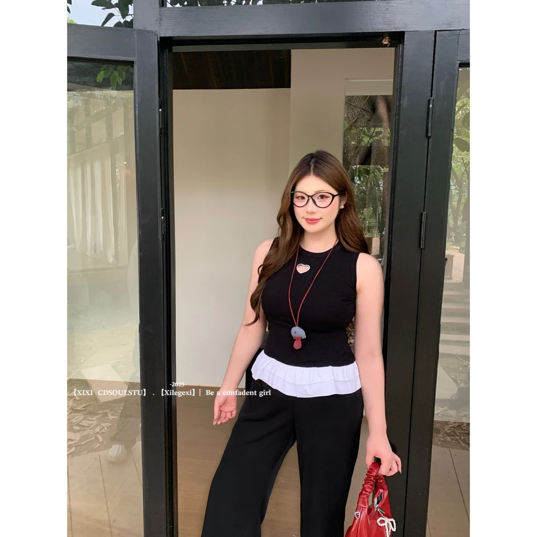 【PPEIQI】"心动尤莉"微胖假两件拼接蓬蓬花边圆领爱心镂空女短上衣