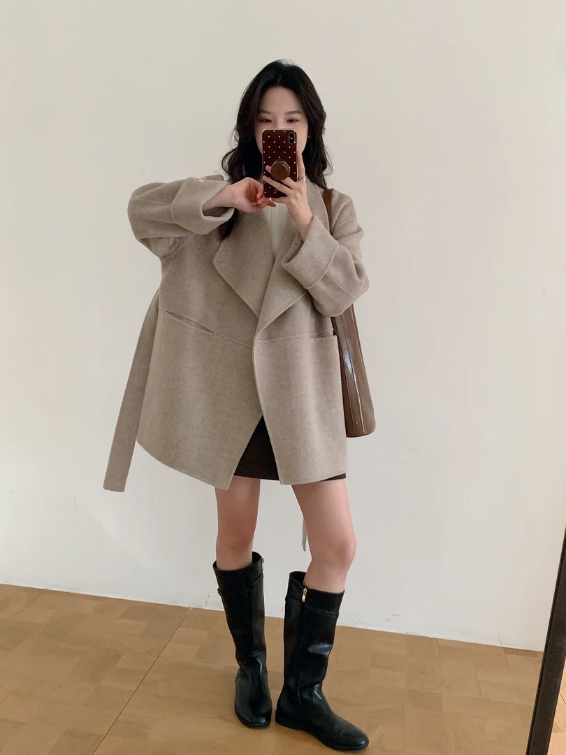 冬季双面呢小个子女中长款时尚西装领秋冬网红毛呢人字纹羊毛外套