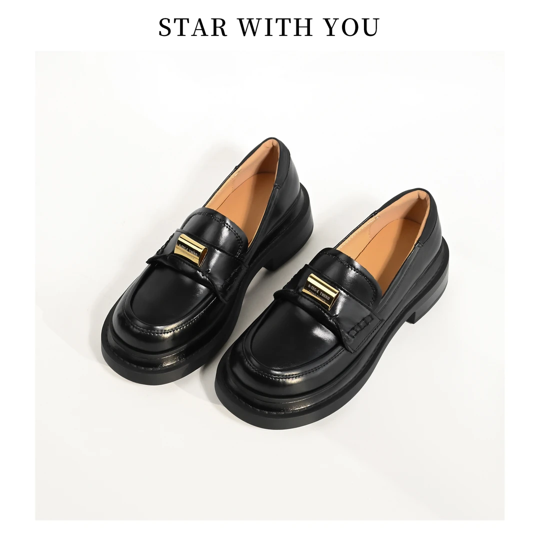 【STAR】厚底粗跟真皮百搭圆头英伦风复古时尚金属扣乐福鞋3.5cm