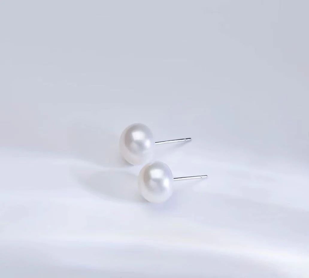 【珈岚珍珠】淡水天然珍珠白色耳钉 7-9mm/S925银