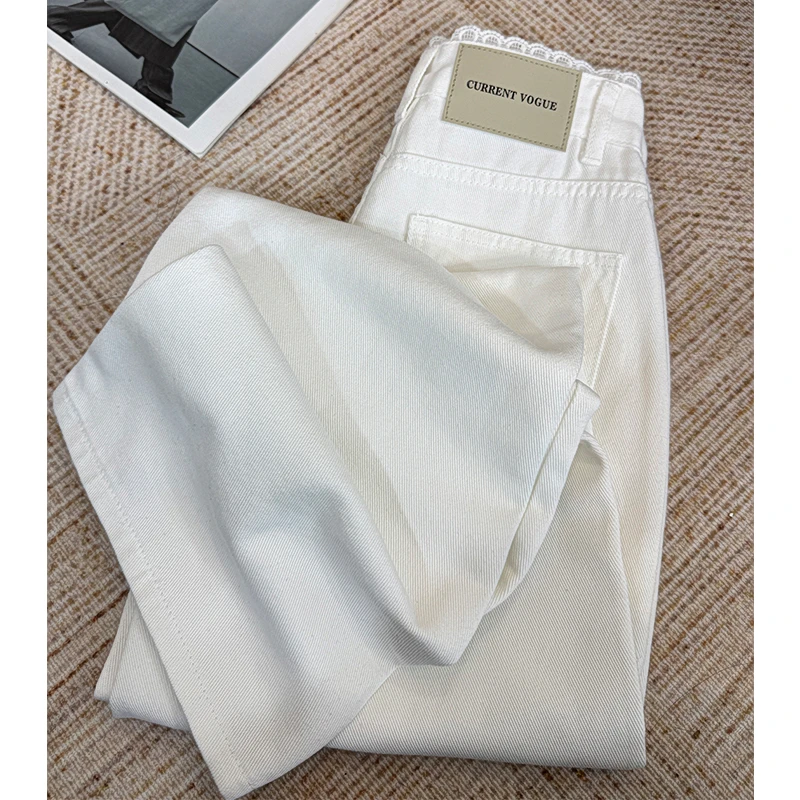 【100%新疆长绒棉牛仔裤腰头拼蕾丝】白色蕾丝边高腰牛仔裤女显瘦