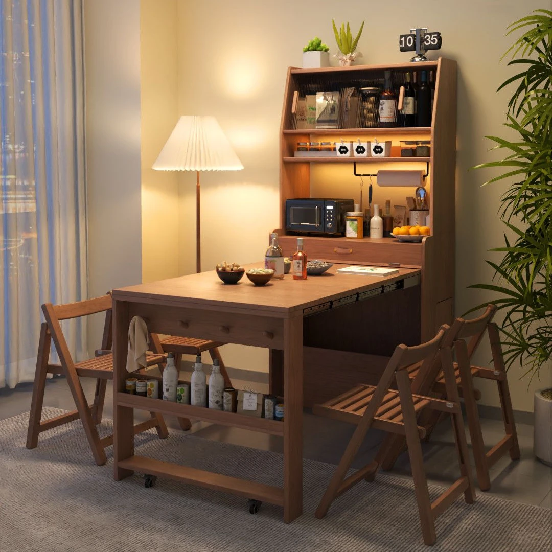 2025年实木折叠伸缩家用隐藏式小户型多功能餐桌边柜一体可折叠家