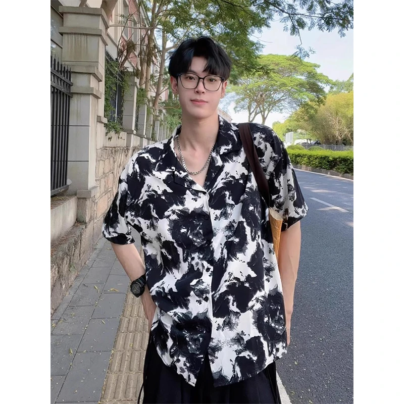 夏季高级感水墨画翻领短袖衬衫夏季冰丝宽松上衣痞帅男士垂感衬衣