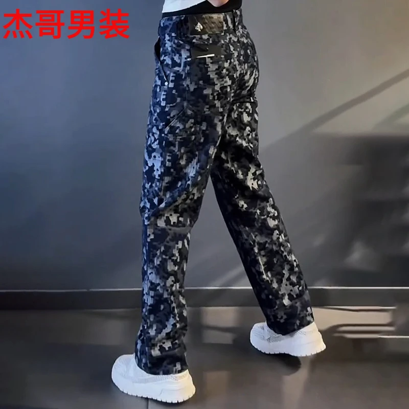 轻奢男装大码潮牌男士百搭新款宽松时尚迷彩蓝休闲裤设计感牛仔裤