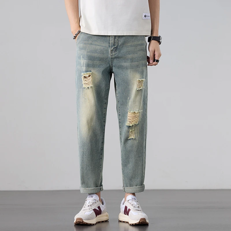 2025夏季新款九分微宽松直筒破洞复古中腰牛仔裤男士九分牛仔裤