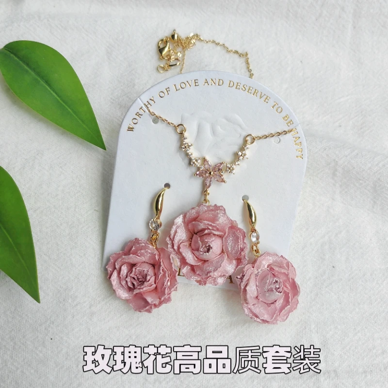 铜合金树脂项链 套装甜美花朵项链真花玫瑰手工滴胶