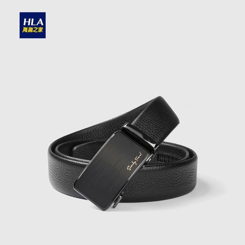 HLA/海澜之家商务大气自动扣皮带光泽牛皮合金扣头压花质感腰带男