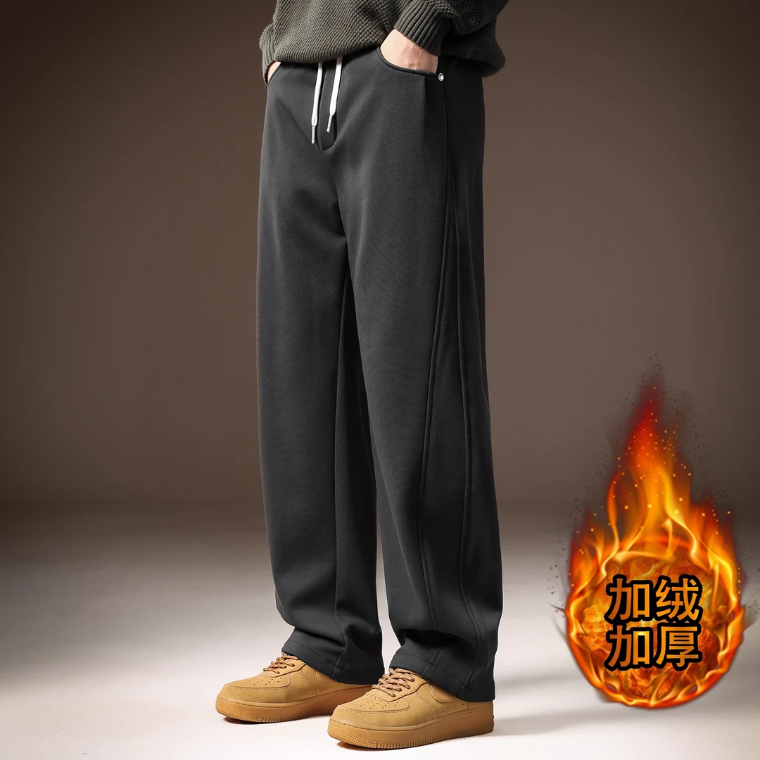 美式重磅加绒直筒拼接卫裤男士秋冬厚款宽松百搭垂感运动休闲裤子