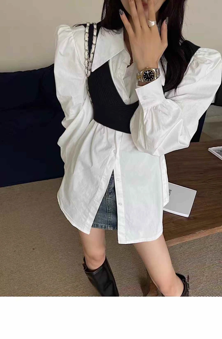 小仙女衣橱长袖宽松型常规针织马甲＋长款衬衫洋气百搭韩版泡泡袖