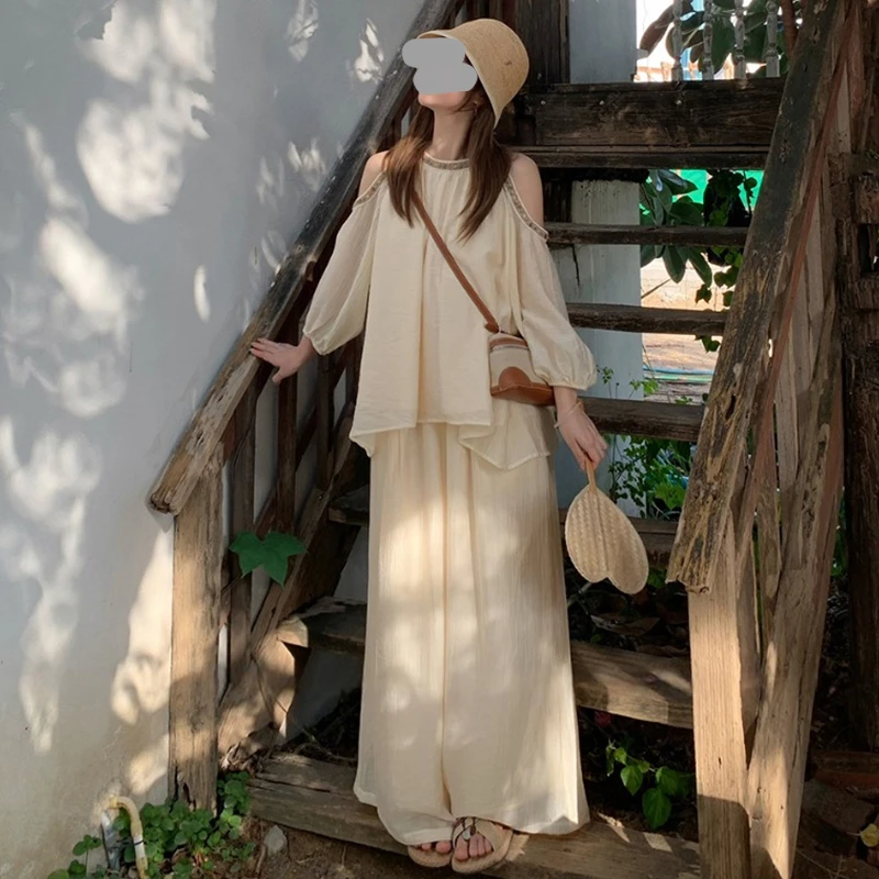 韩系氛围感穿搭一整套独特漂亮露肩杏色防晒上衣阔腿裤两件套装女