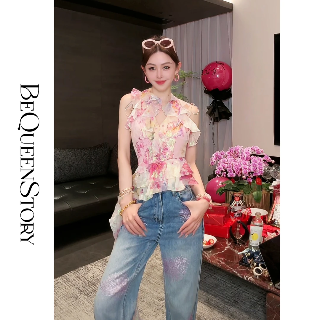 余潇潇【花海契约】2025新款度假风幻彩桑蚕丝V领上衣